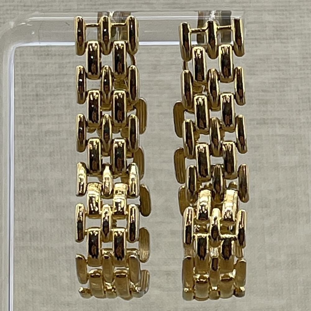 Shiny Gold Tone Chunky Link Long Dangle Loop Pierced On Earrings 1.5"